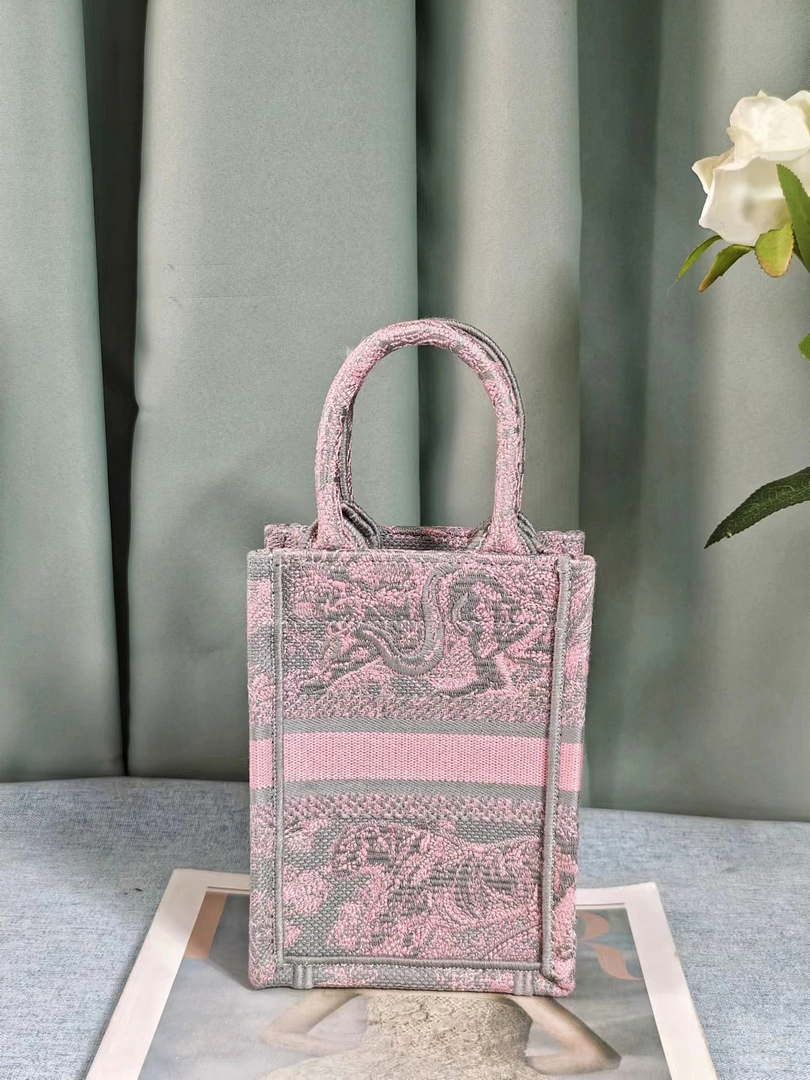 Dior S5555 Mini Dior Book Tote Phone Bag Gray and Pink Toile de Jouy Reverse Embroidery