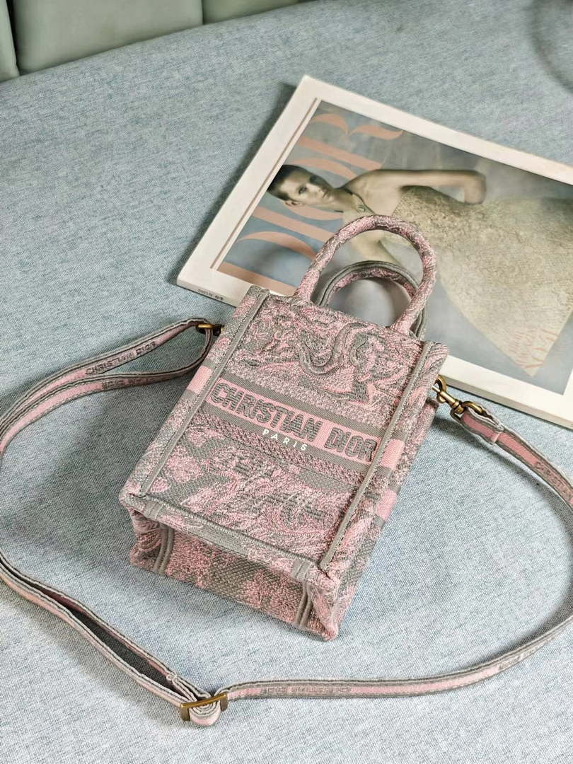 Dior S5555 Mini Dior Book Tote Phone Bag Gray and Pink Toile de Jouy Reverse Embroidery - Default Title - View 6