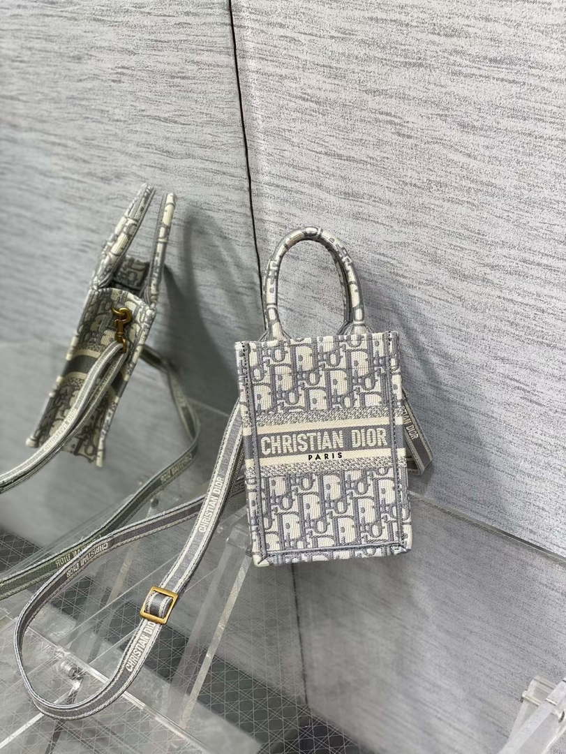 Dior S5555 Mini Dior Book Tote Phone Bag Gray Dior Oblique Embroidery - Default Title - View 1