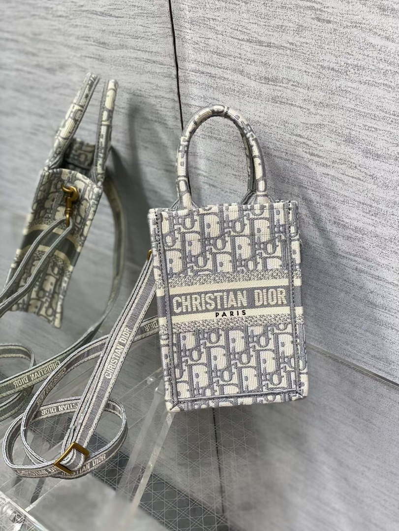 Dior S5555 Mini Dior Book Tote Phone Bag Gray Dior Oblique Embroidery