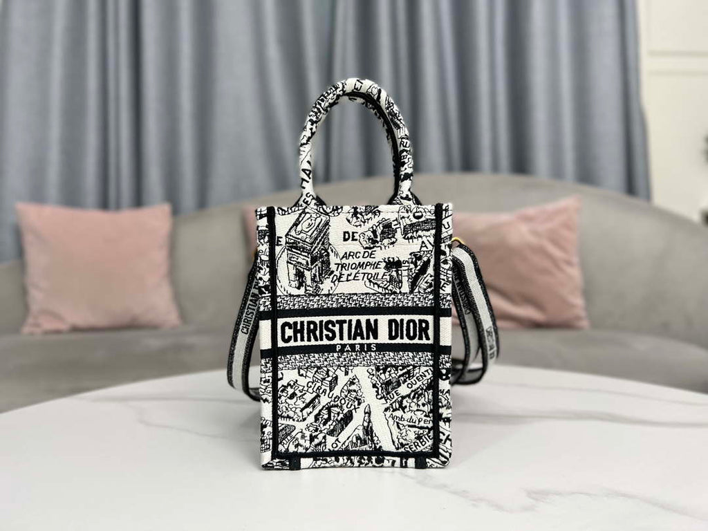 Dior S5555 Mini Dior Book Tote Phone Bag White and Black Eembroidery S1108
