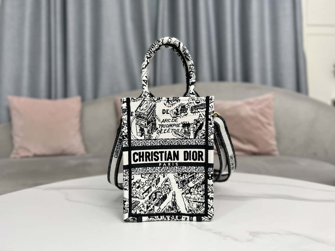 Dior S5555 Mini Dior Book Tote Phone Bag White and Black Eembroidery S1108 - Default Title - View 2