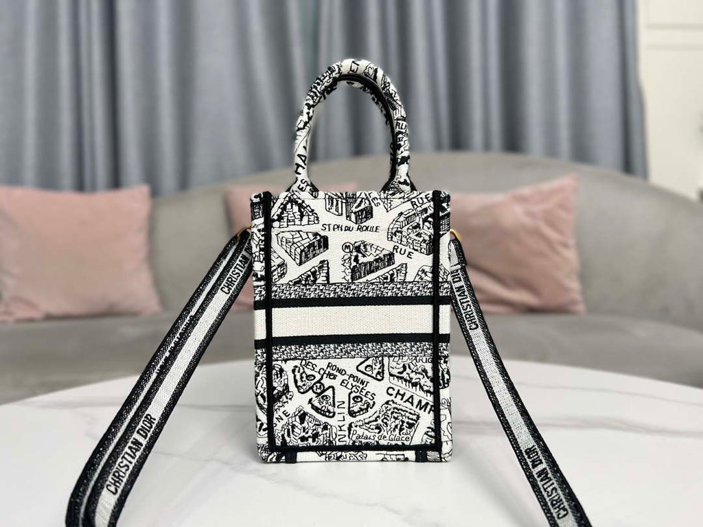 Dior S5555 Mini Dior Book Tote Phone Bag White and Black Eembroidery S1108