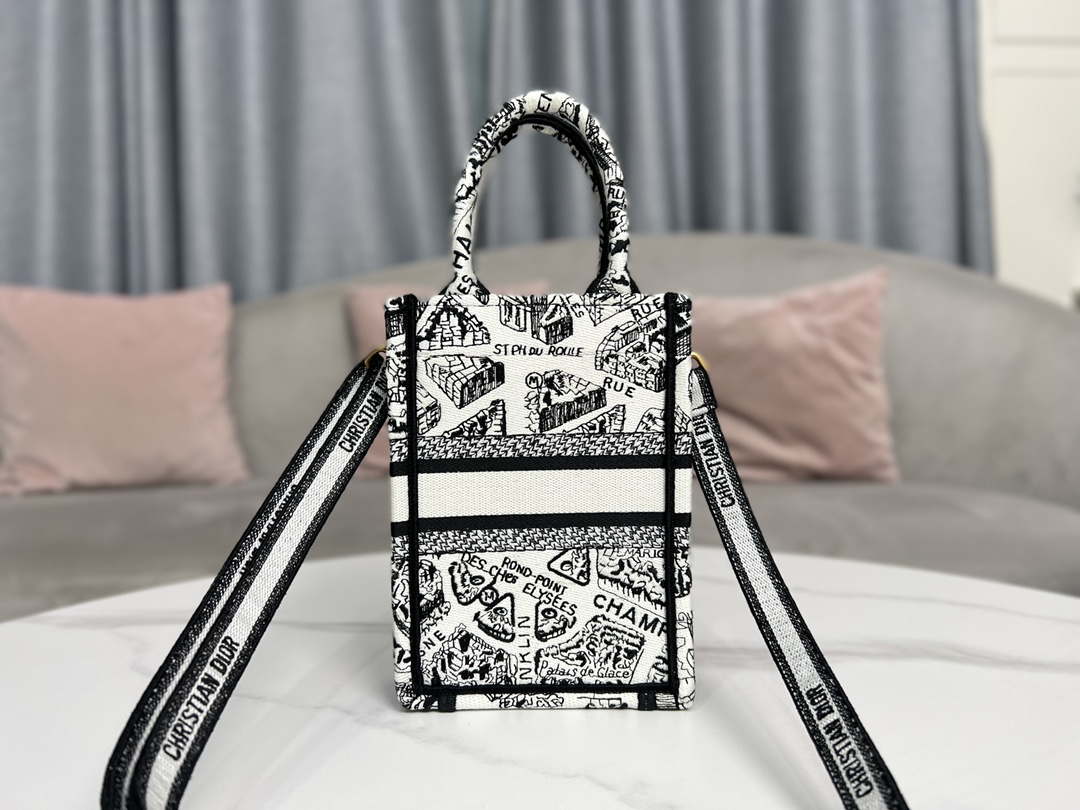 Dior S5555 Mini Dior Book Tote Phone Bag White and Black Eembroidery S1108