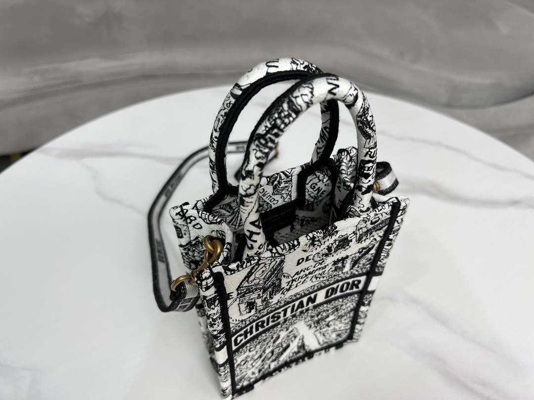 Dior S5555 Mini Dior Book Tote Phone Bag White and Black Eembroidery S1108 - Default Title - View 7