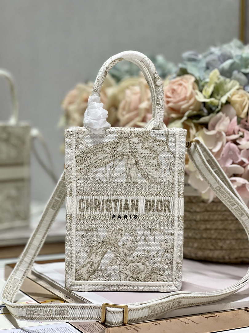 Dior S5555 Mini Dior Book Tote Phone Bag White Eembroidery S1107 - Default Title - View 1