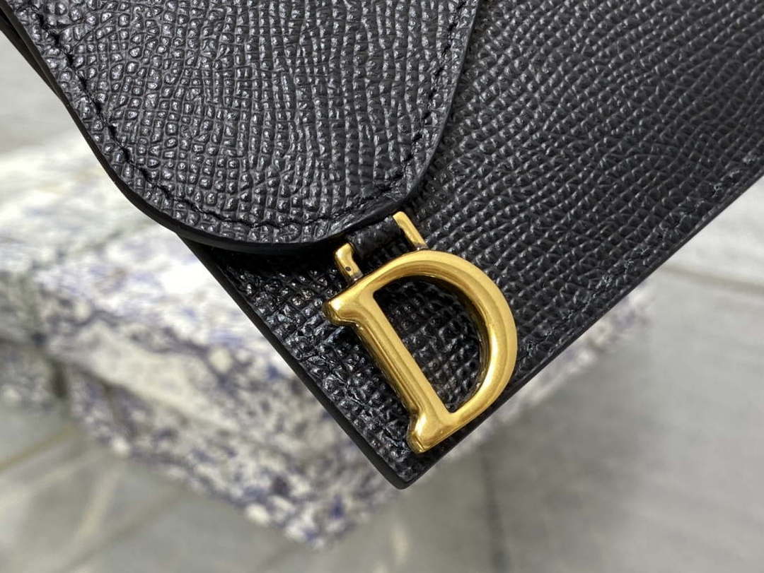 Dior S5611 Saddle Flap Card Holder Black Grained Calfskin