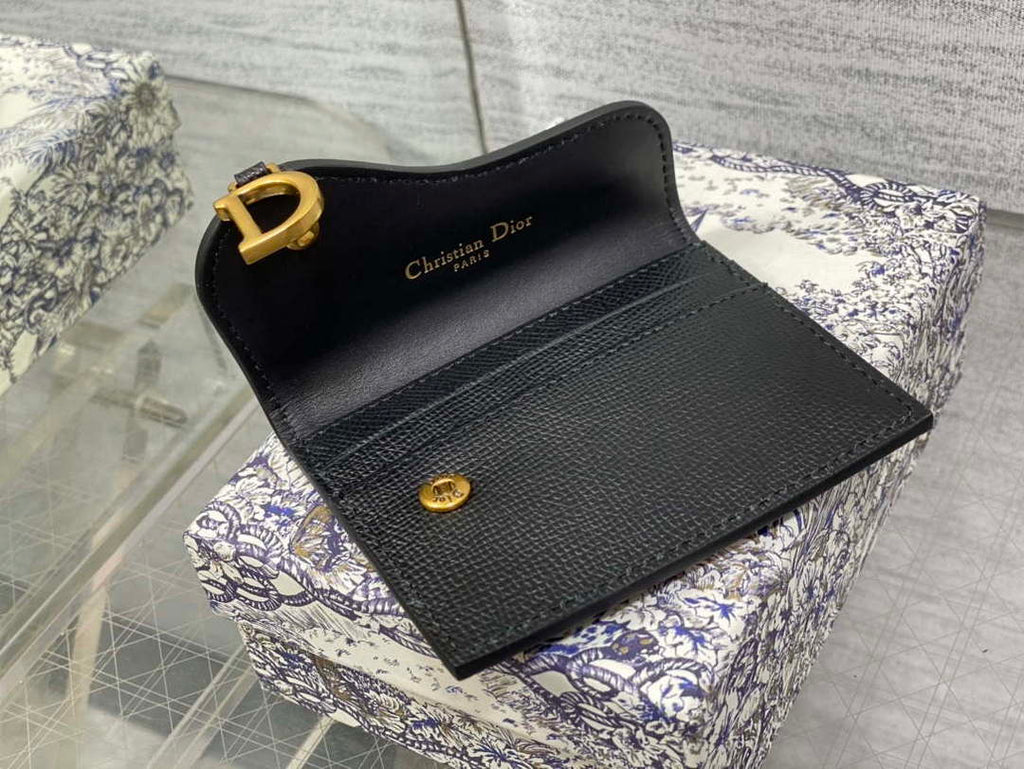 Dior S5611 Saddle Flap Card Holder Black Grained Calfskin