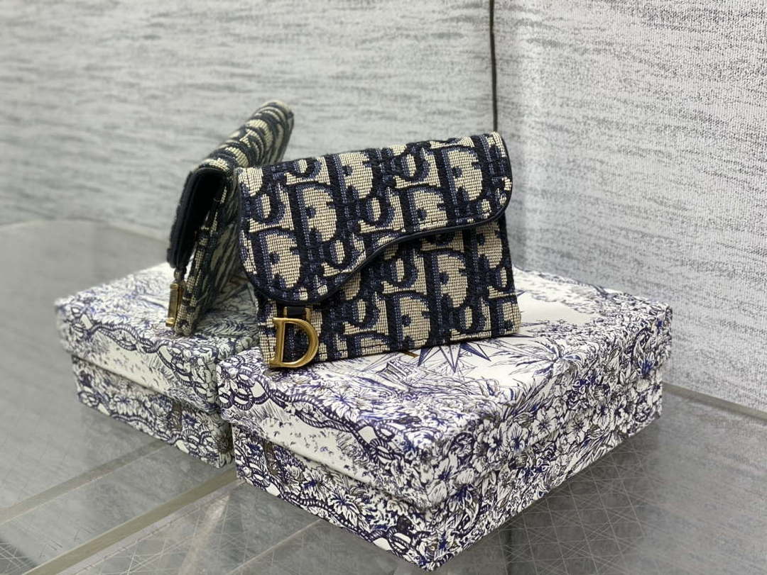 Dior S5611 Saddle Flap Card Holder Blue Dior Oblique Jacquard - Default Title - View 1