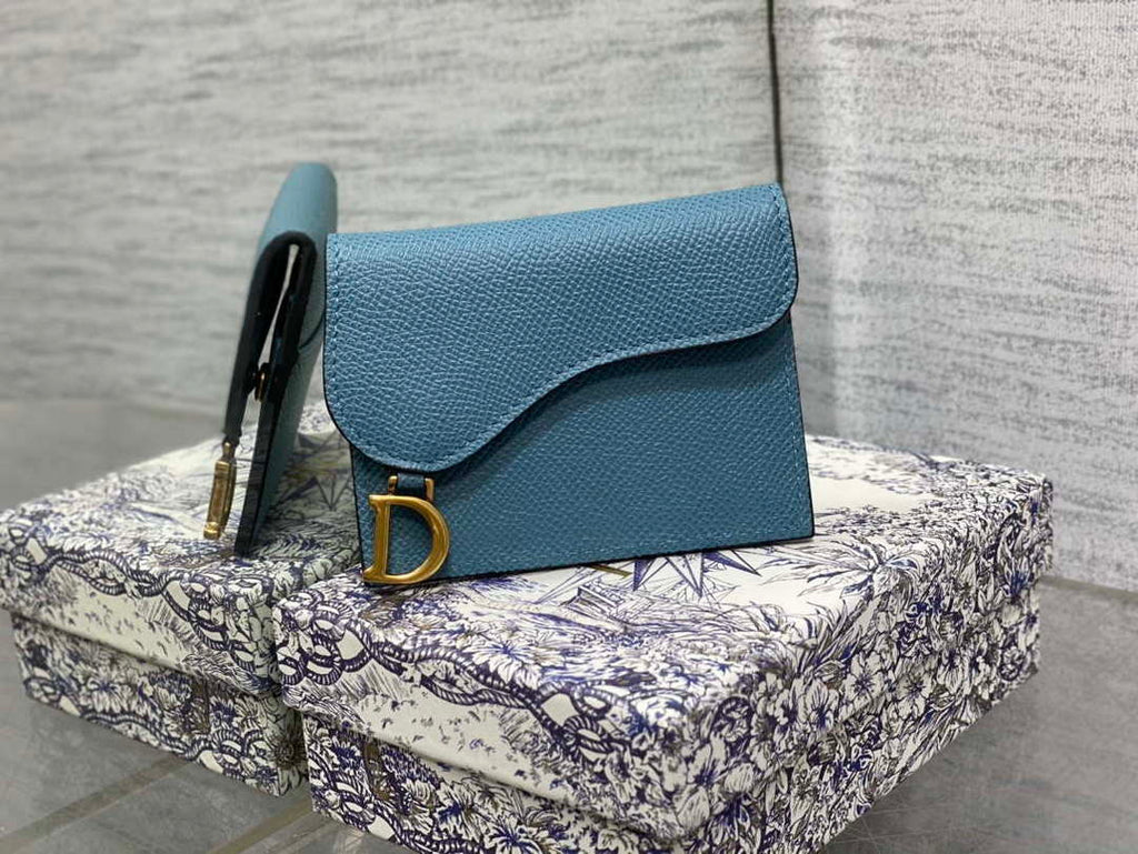 Dior S5611 Saddle Flap Card Holder Blue Grained Calfskin