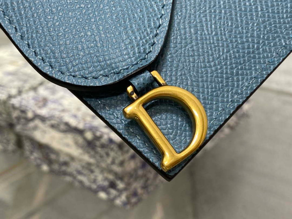 Dior S5611 Saddle Flap Card Holder Blue Grained Calfskin