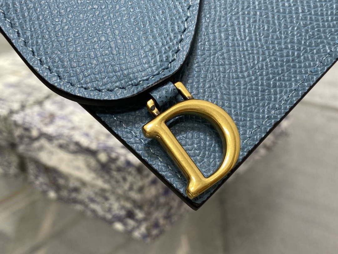 Dior S5611 Saddle Flap Card Holder Blue Grained Calfskin