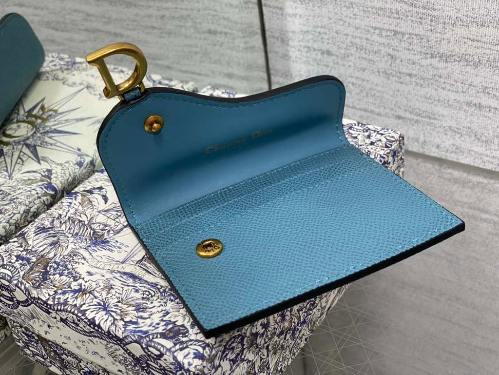 Dior S5611 Saddle Flap Card Holder Blue Grained Calfskin