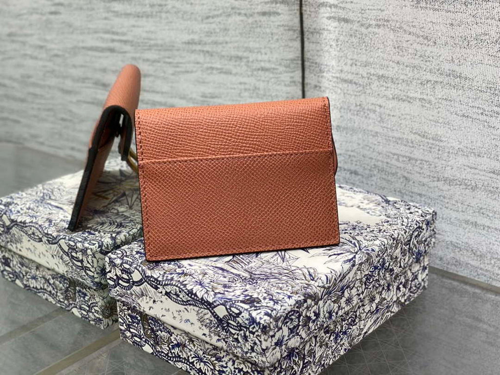 Dior S5611 Saddle Flap Card Holder Brown Grained Calfskin