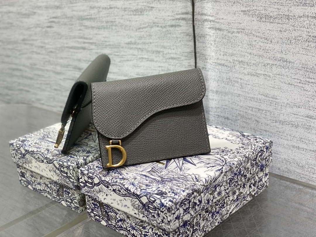 Dior S5611 Saddle Flap Card Holder Gray Grained Calfskin - Default Title - View 1