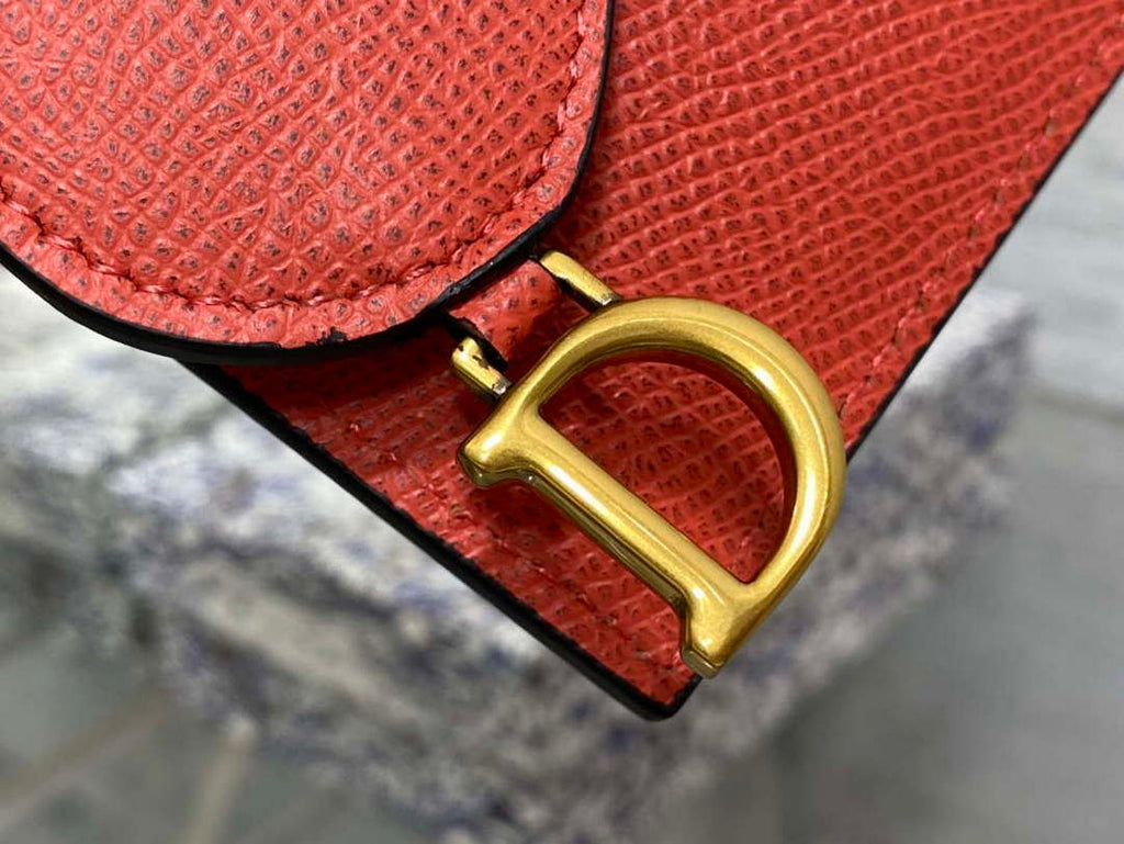 Dior S5611 Saddle Flap Card Holder Orange Red Grained Calfskin