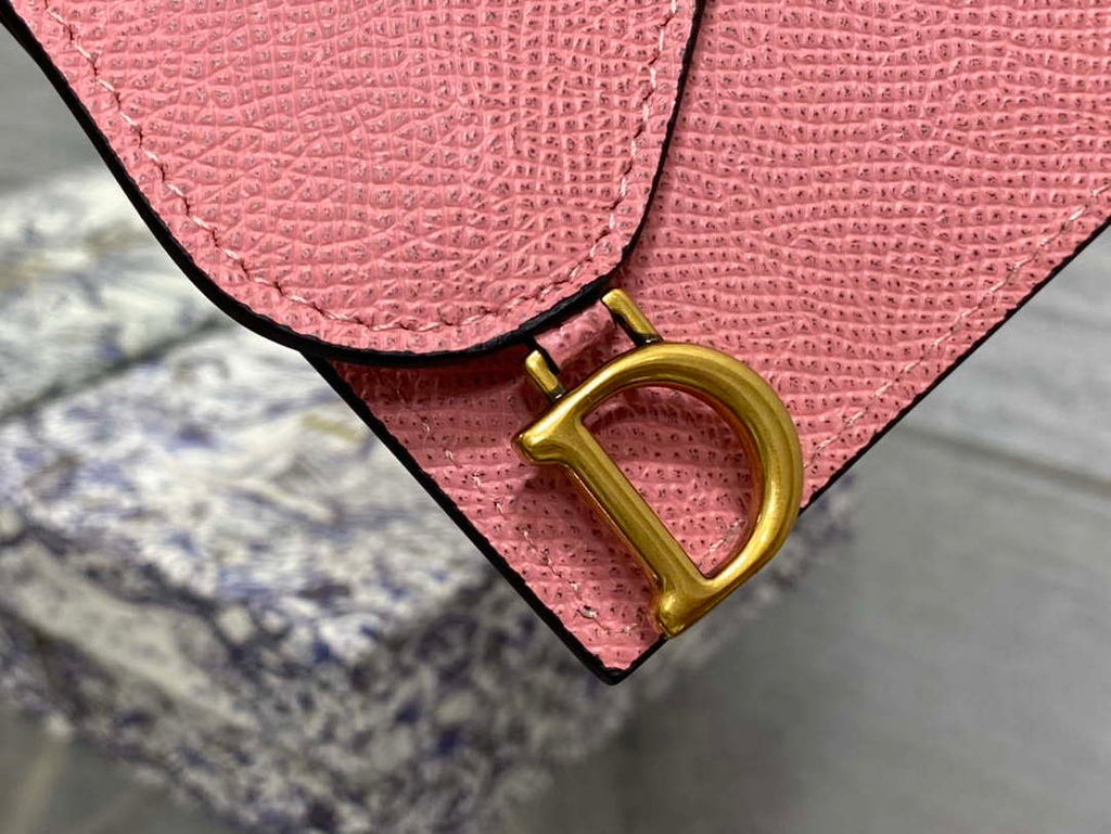 Dior S5611 Saddle Flap Card Holder Pink Grained Calfskin