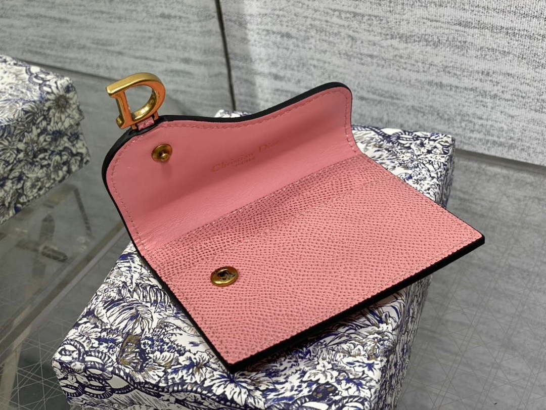 Dior S5611 Saddle Flap Card Holder Pink Grained Calfskin