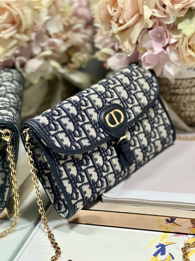 Dior S5703 Bobby EAST-WEST Pouch With Chain Blue Dior Oblique Jacquard