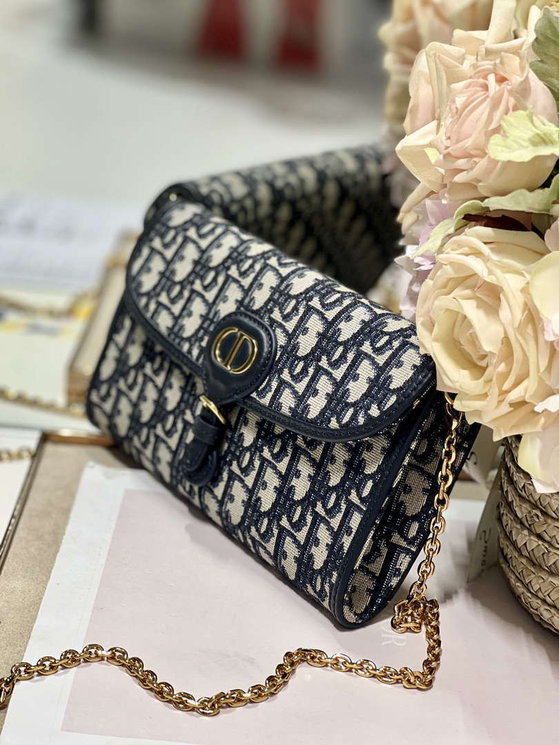 Dior S5703 Bobby EAST-WEST Pouch With Chain Blue Dior Oblique Jacquard