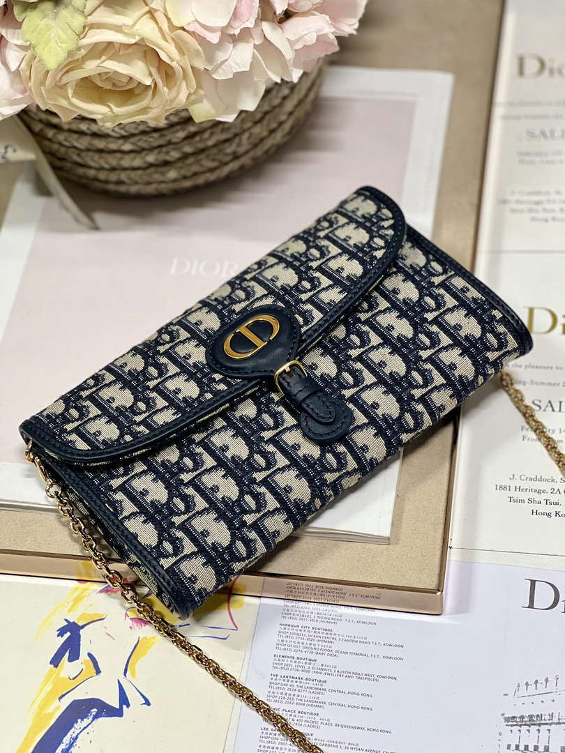 Dior S5703 Bobby EAST-WEST Pouch With Chain Blue Dior Oblique Jacquard