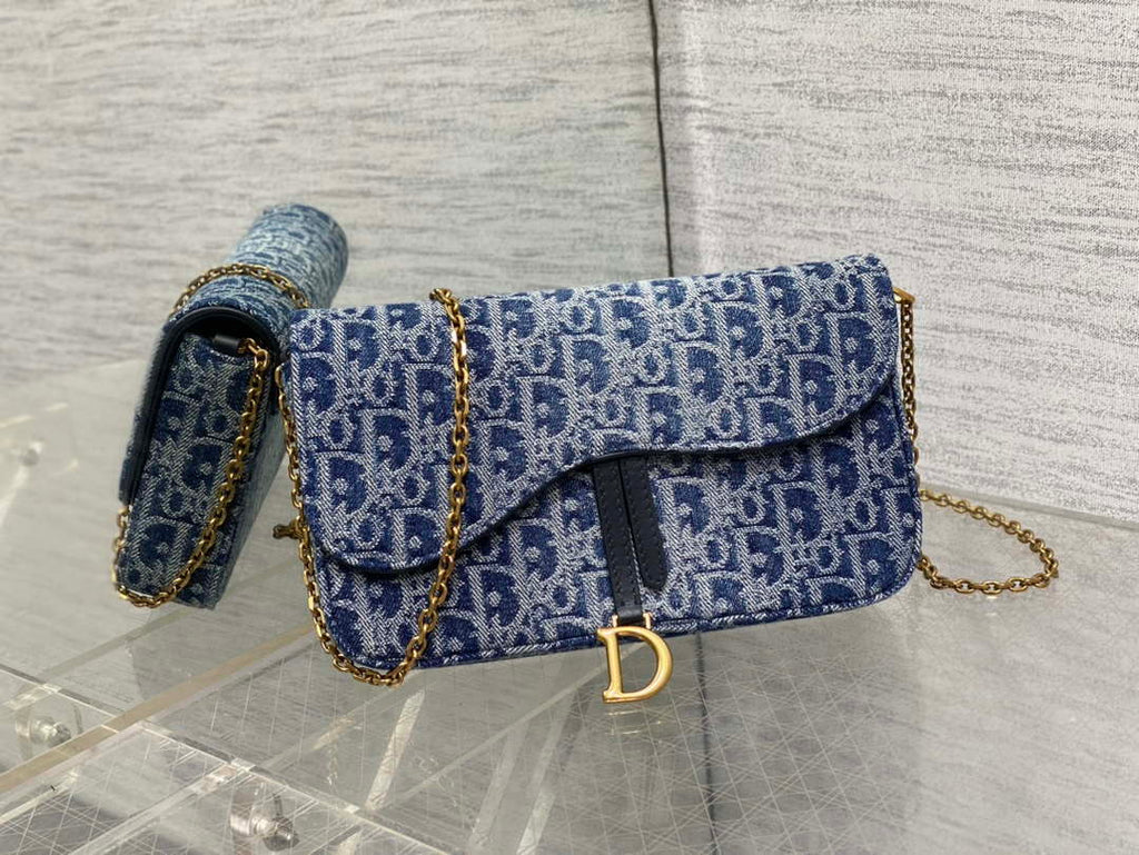 Dior S5907 Saddle Pouch with Chain Blue Denim Dior Oblique Jacquard M2026
