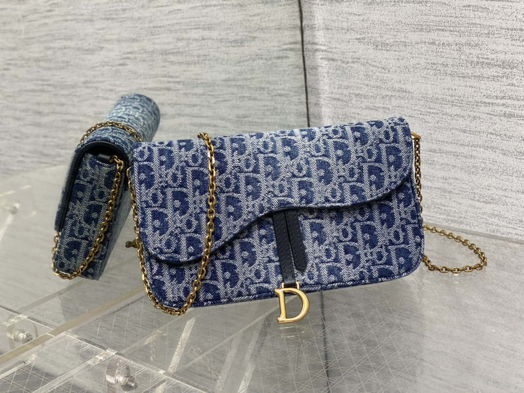 Dior S5907 Saddle Pouch with Chain Blue Denim Dior Oblique Jacquard M2026