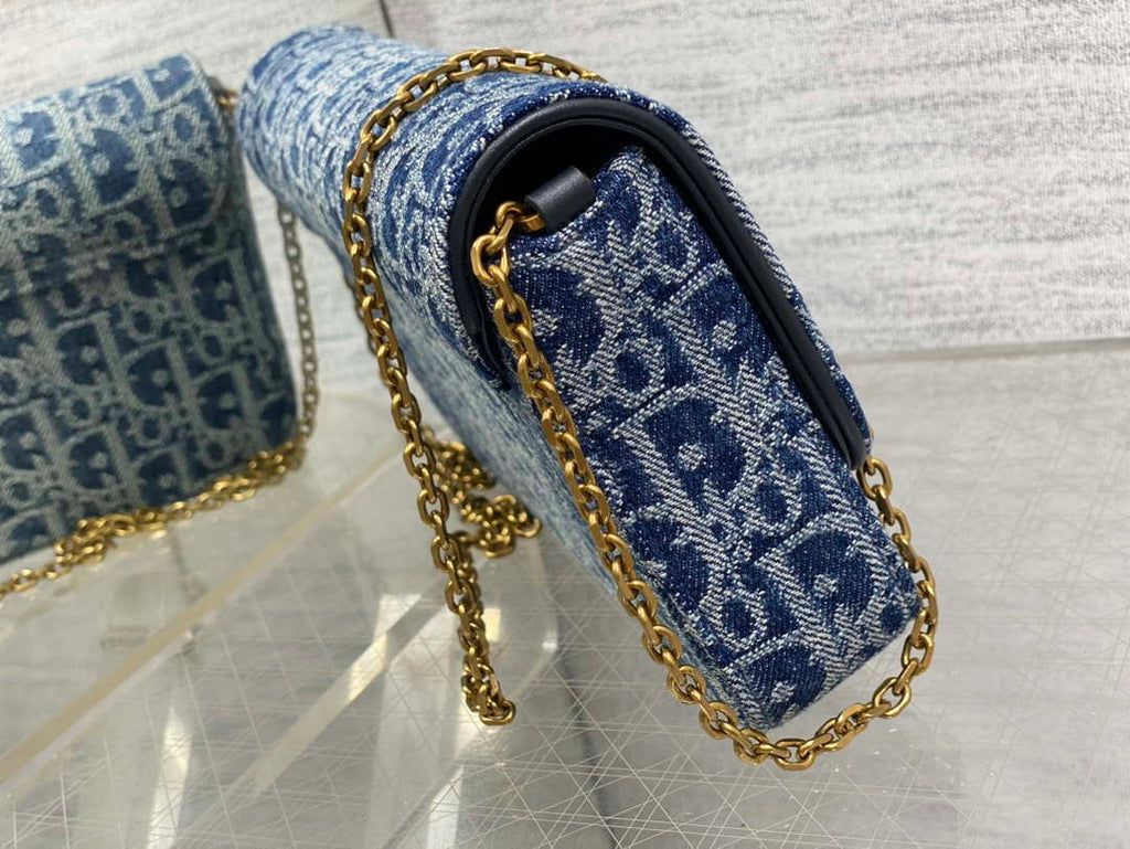 Dior S5907 Saddle Pouch with Chain Blue Denim Dior Oblique Jacquard M2026