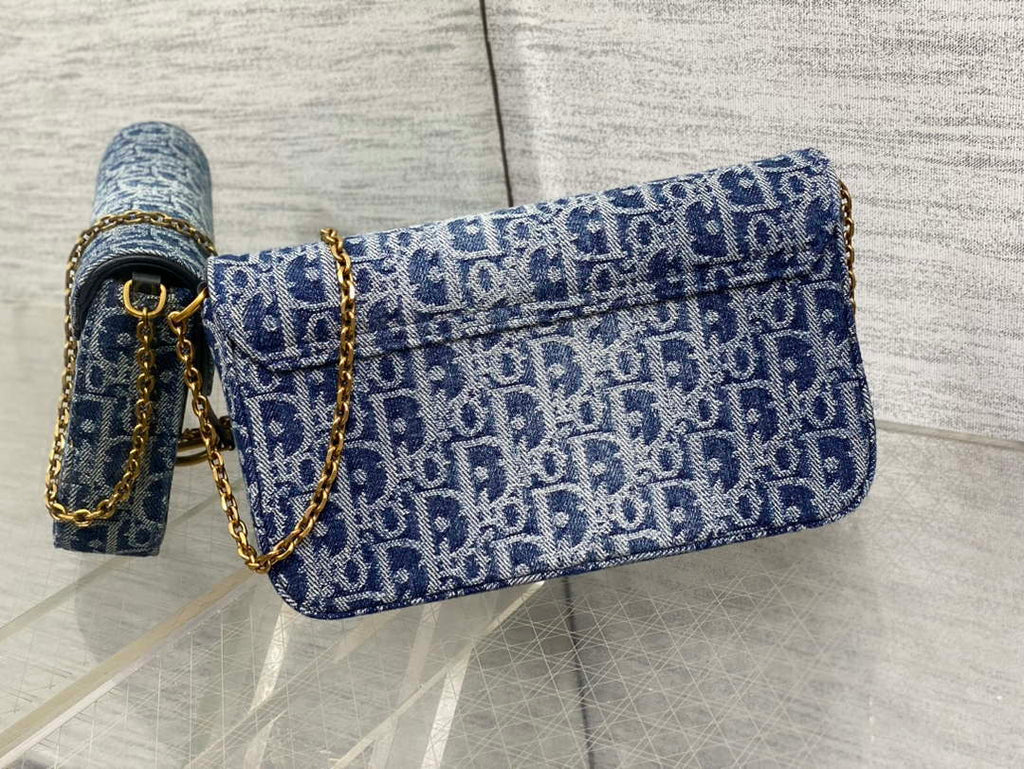 Dior S5907 Saddle Pouch with Chain Blue Denim Dior Oblique Jacquard M2026