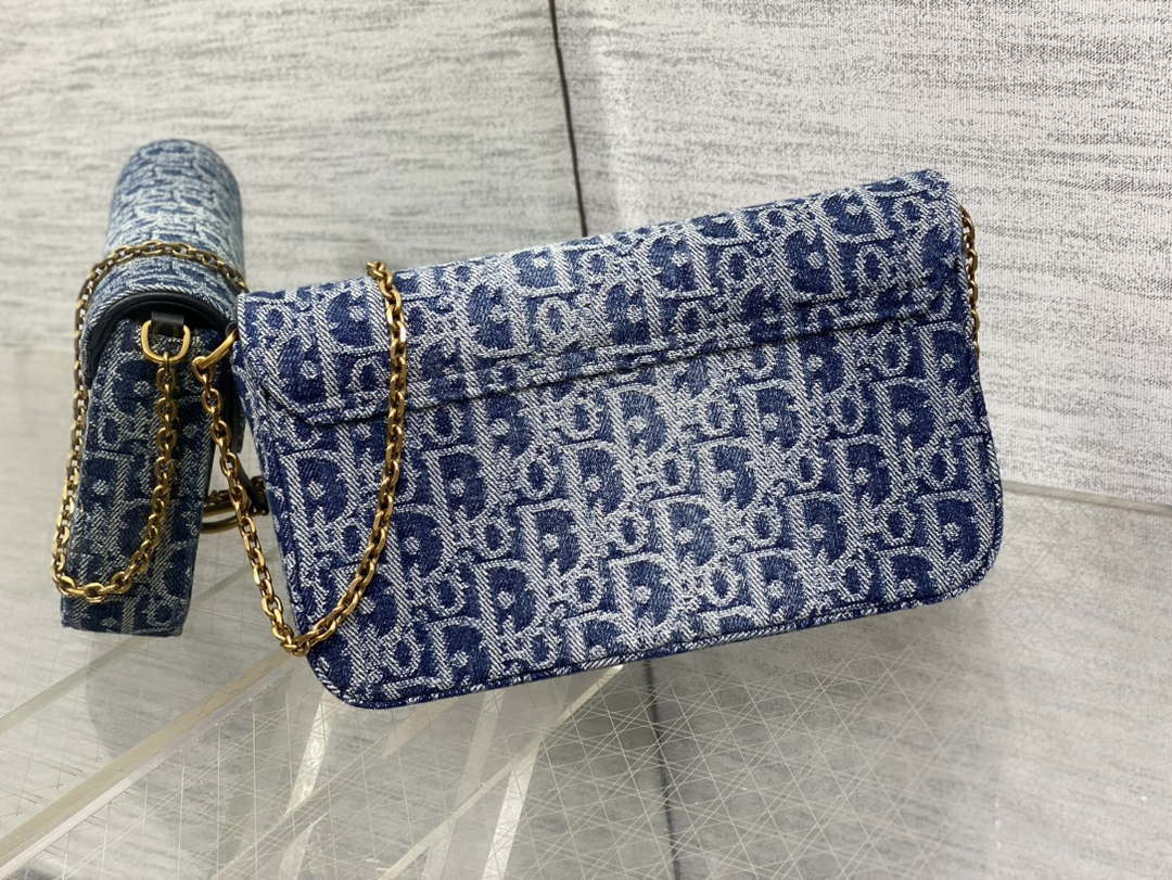 Dior S5907 Saddle Pouch with Chain Blue Denim Dior Oblique Jacquard M2026