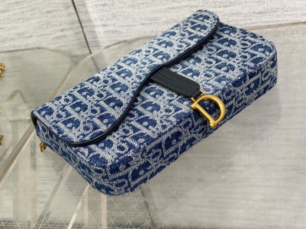 Dior S5907 Saddle Pouch with Chain Blue Denim Dior Oblique Jacquard M2026