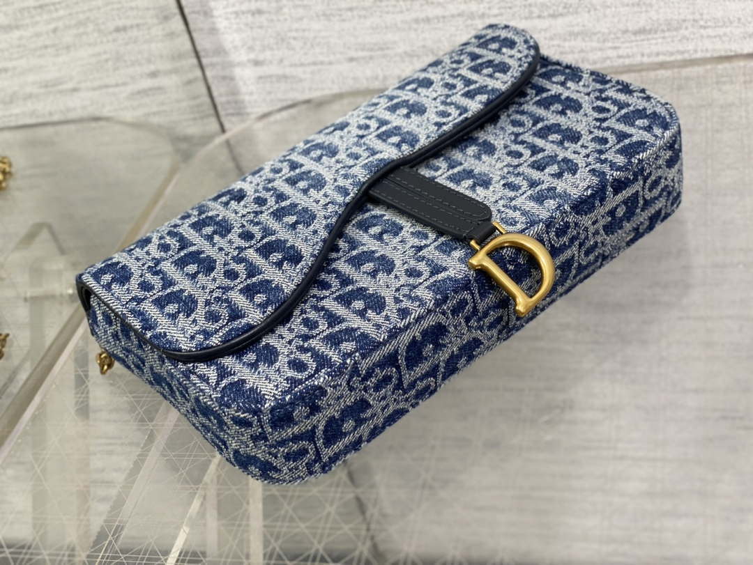 Dior S5907 Saddle Pouch with Chain Blue Denim Dior Oblique Jacquard M2026