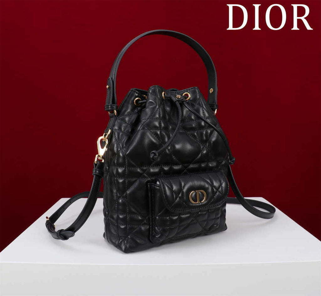 Dior Small Caro Bucket Bag Powder Black Macrocannage Lambskin M3372