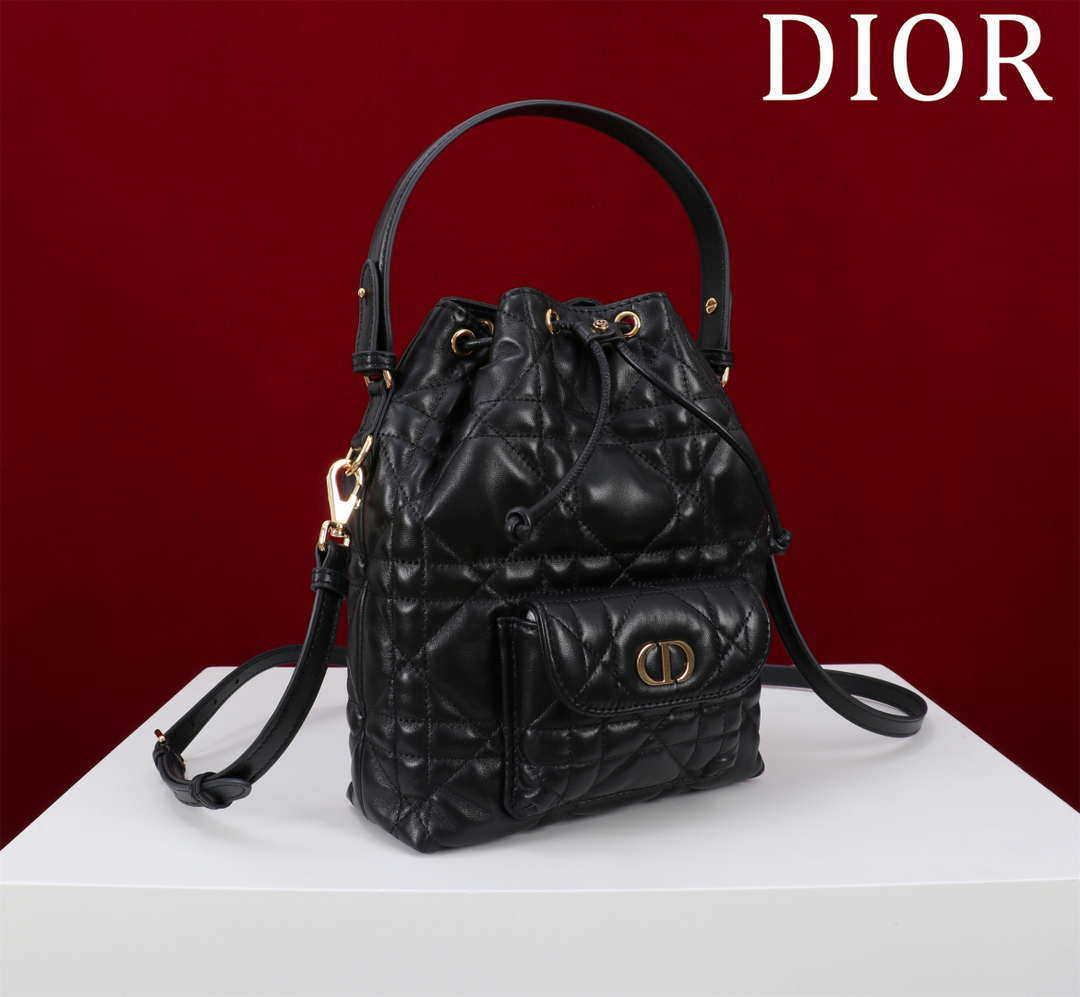 Dior Small Caro Bucket Bag Powder Black Macrocannage Lambskin M3372