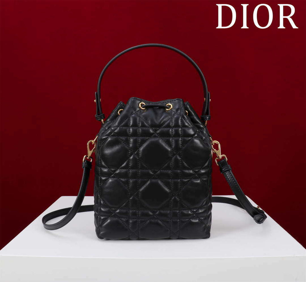 Dior Small Caro Bucket Bag Powder Black Macrocannage Lambskin M3372