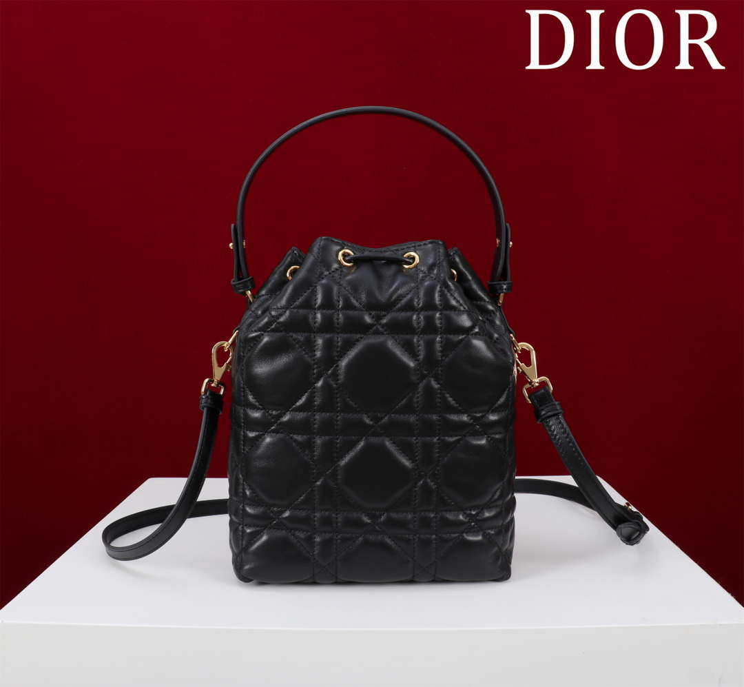 Dior Small Caro Bucket Bag Powder Black Macrocannage Lambskin M3372