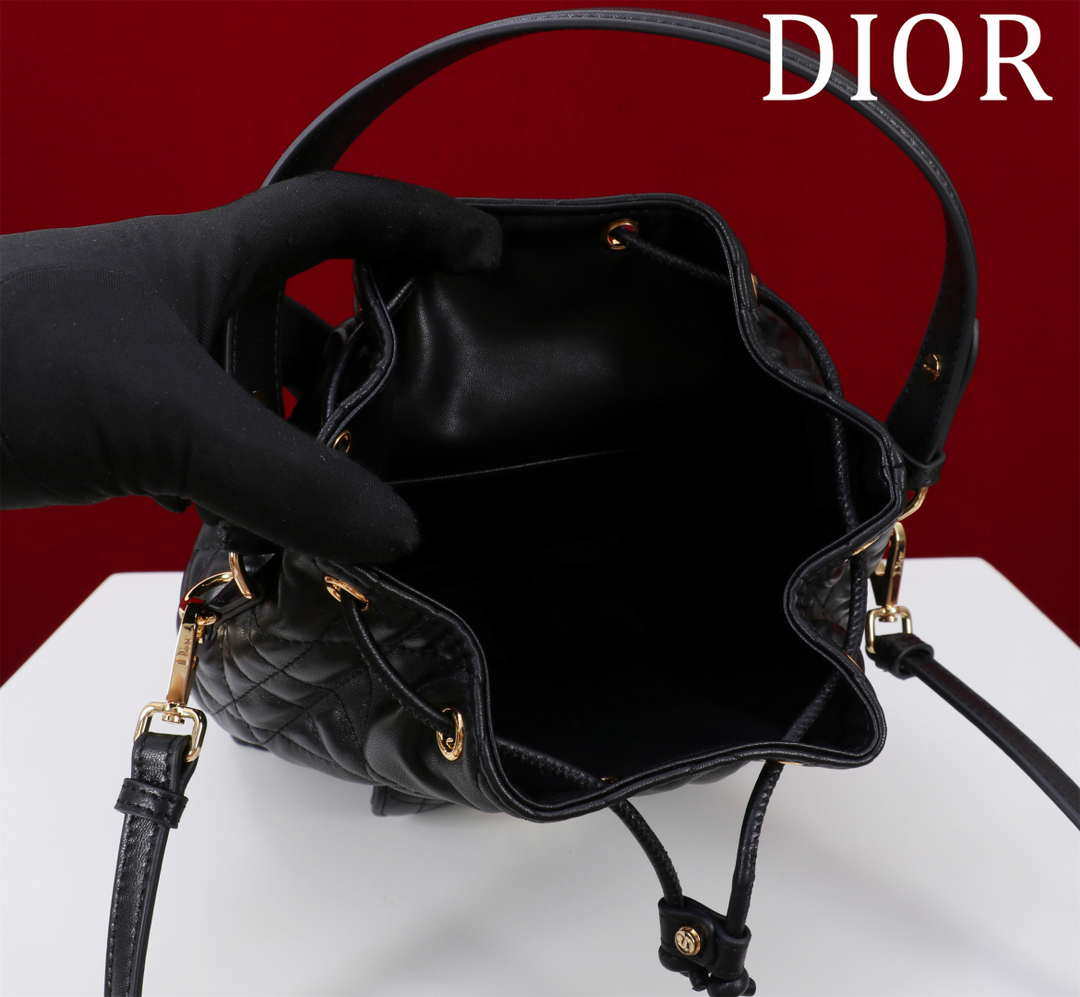 Dior Small Caro Bucket Bag Powder Black Macrocannage Lambskin M3372