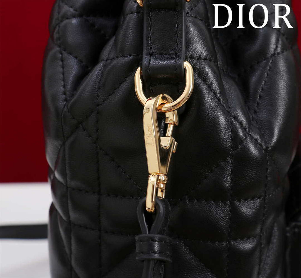 Dior Small Caro Bucket Bag Powder Black Macrocannage Lambskin M3372