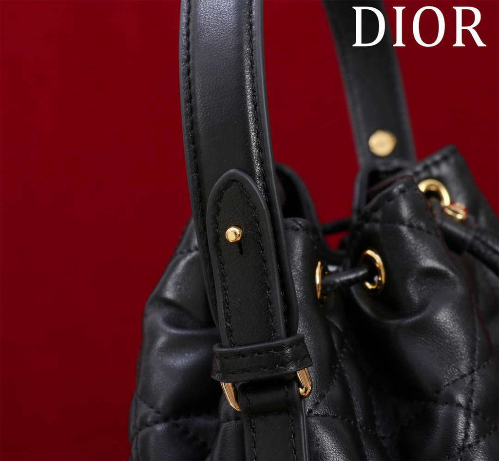 Dior Small Caro Bucket Bag Powder Black Macrocannage Lambskin M3372