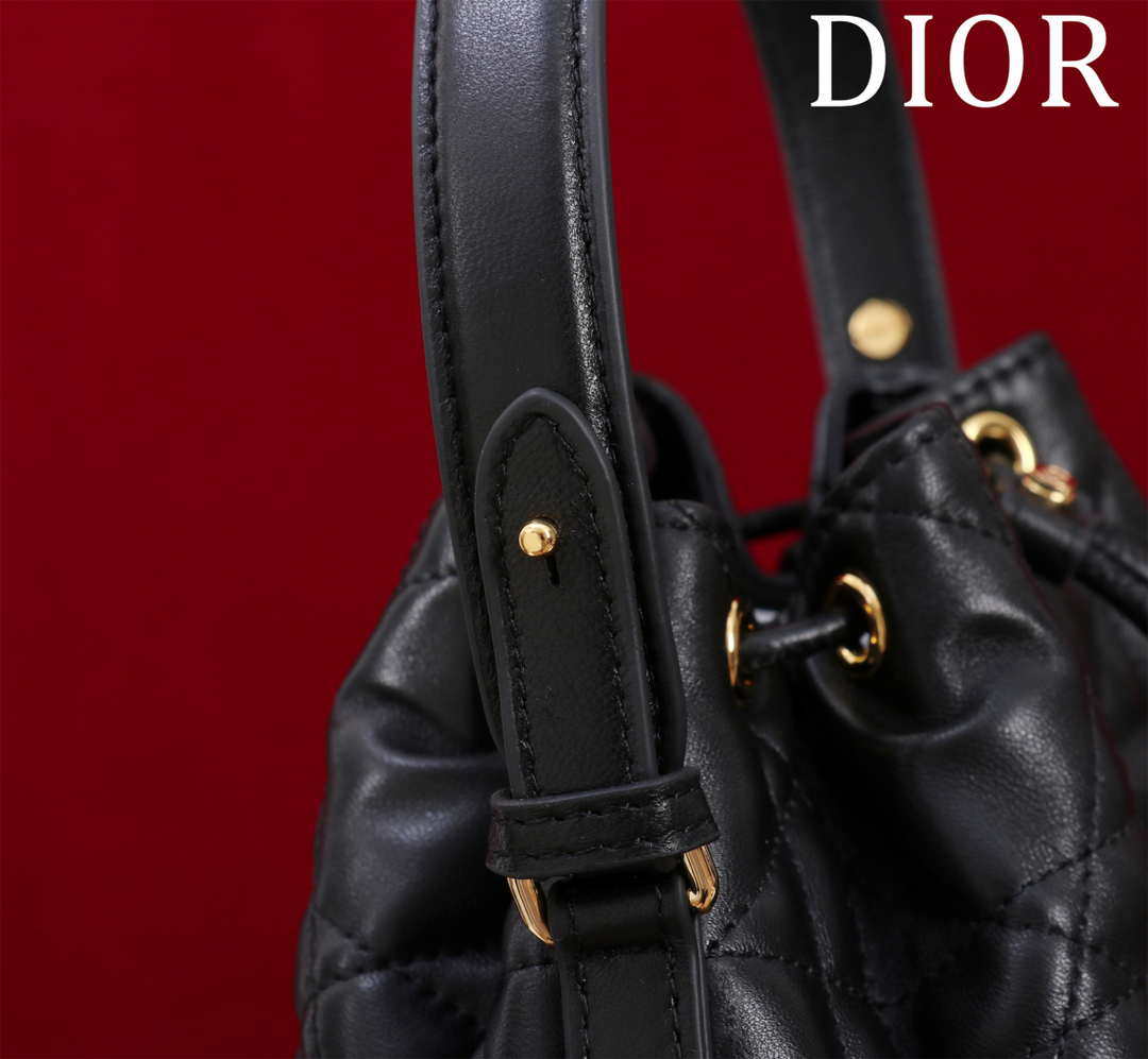 Dior Small Caro Bucket Bag Powder Black Macrocannage Lambskin M3372