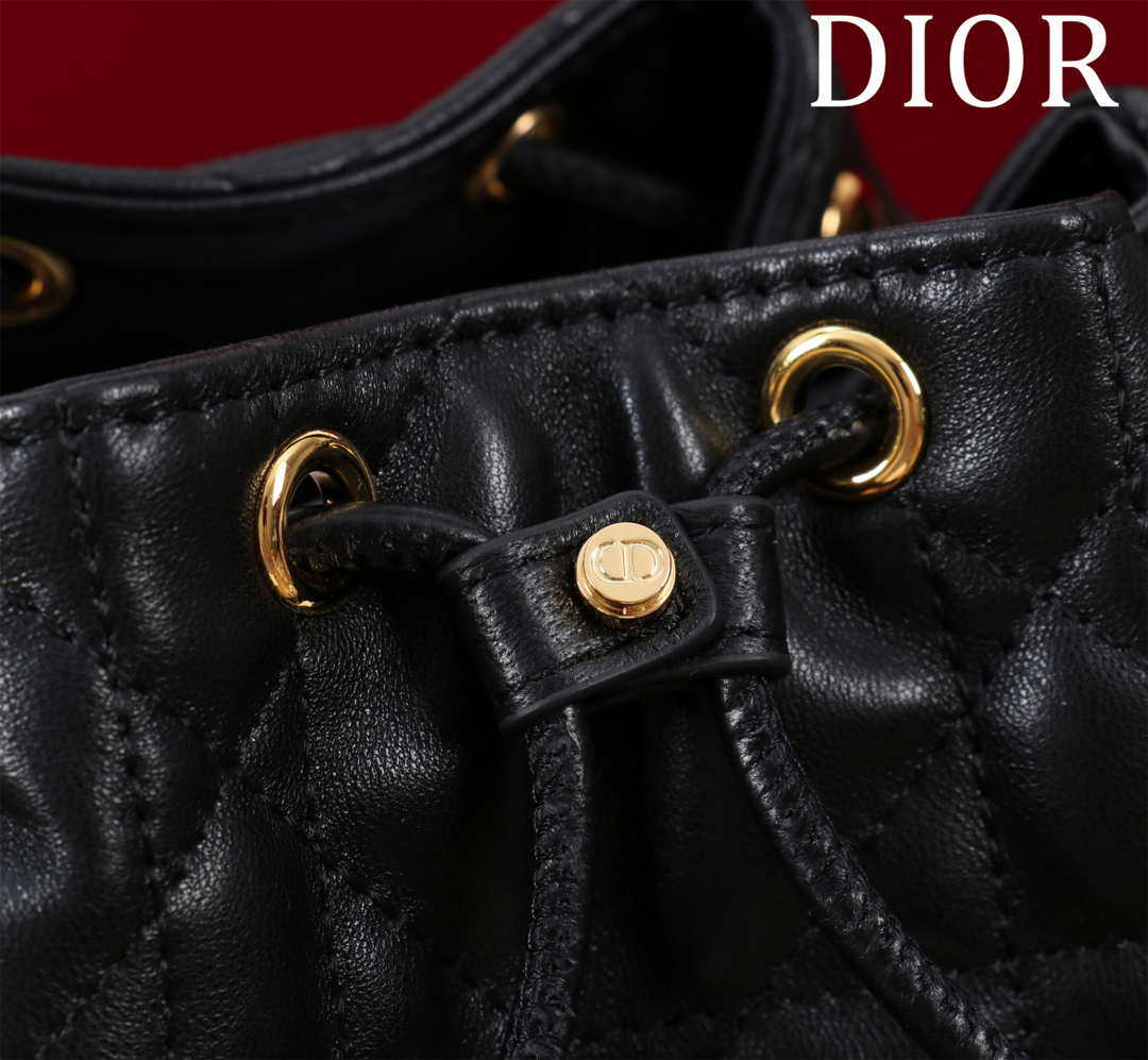 Dior Small Caro Bucket Bag Powder Black Macrocannage Lambskin M3372