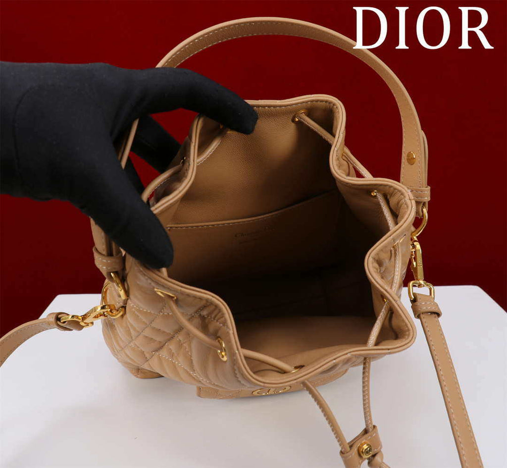 Dior Small Caro Bucket Bag Powder Brown Macrocannage Lambskin M3372