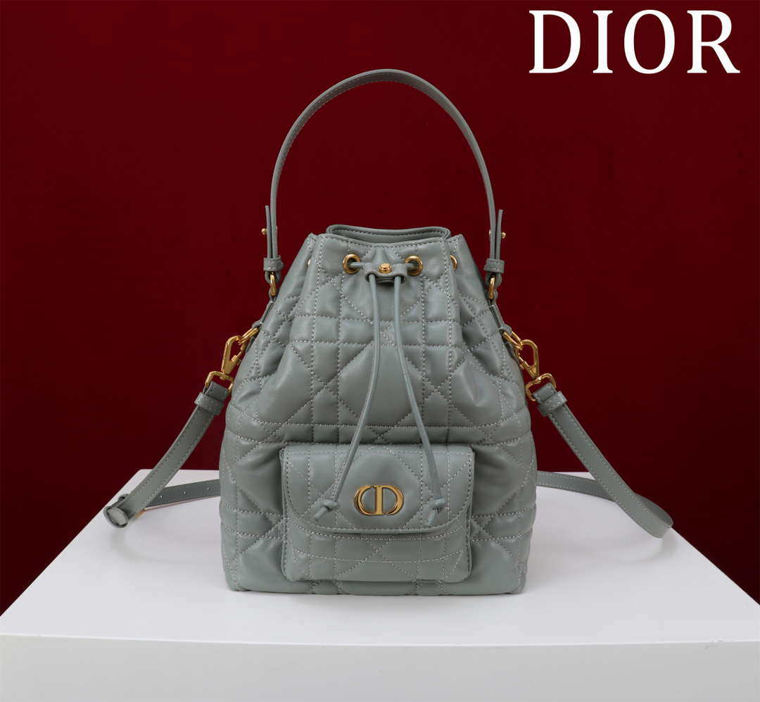 Dior Small Caro Bucket Bag Powder Gray Macrocannage Lambskin M3372