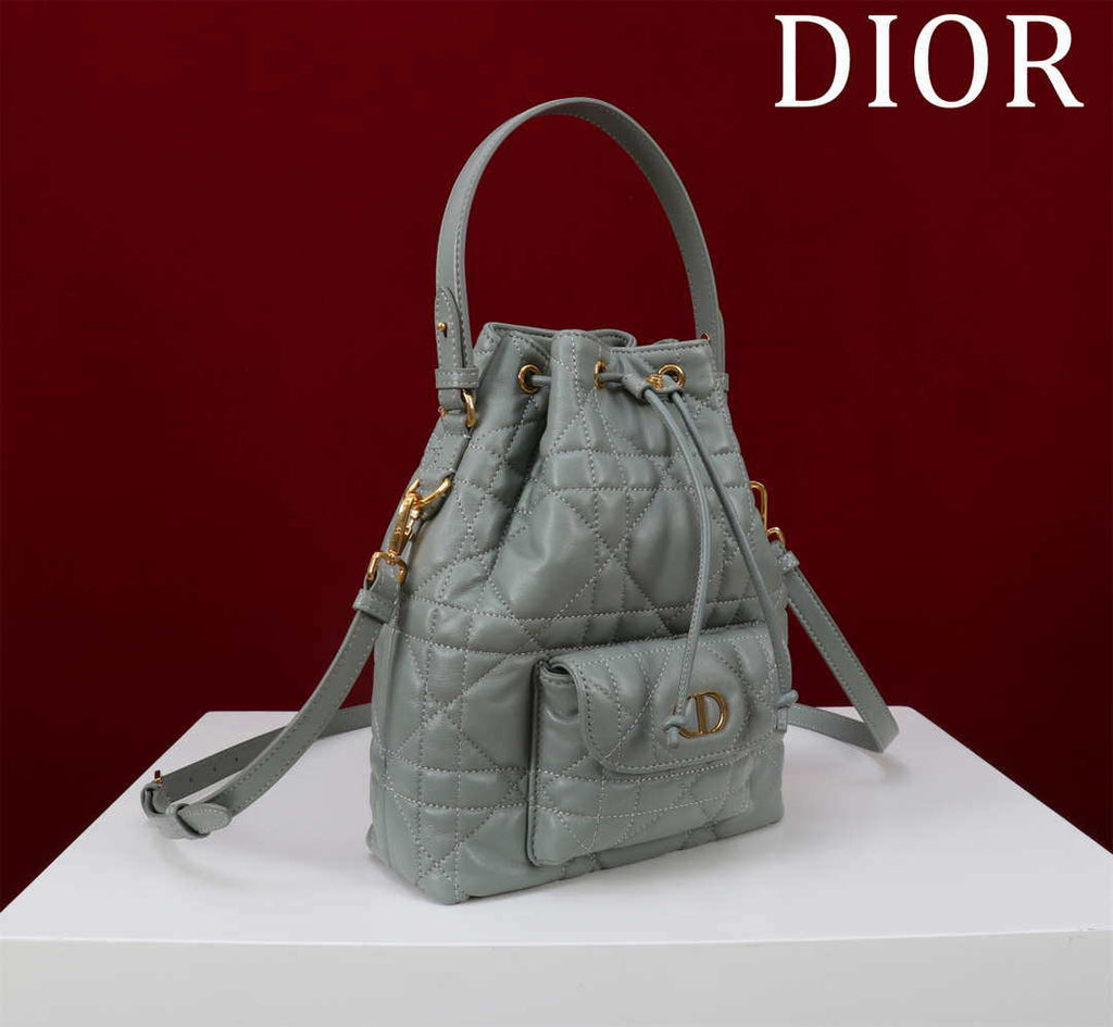 Dior Small Caro Bucket Bag Powder Gray Macrocannage Lambskin M3372