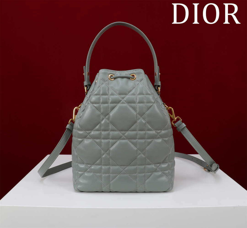 Dior Small Caro Bucket Bag Powder Gray Macrocannage Lambskin M3372