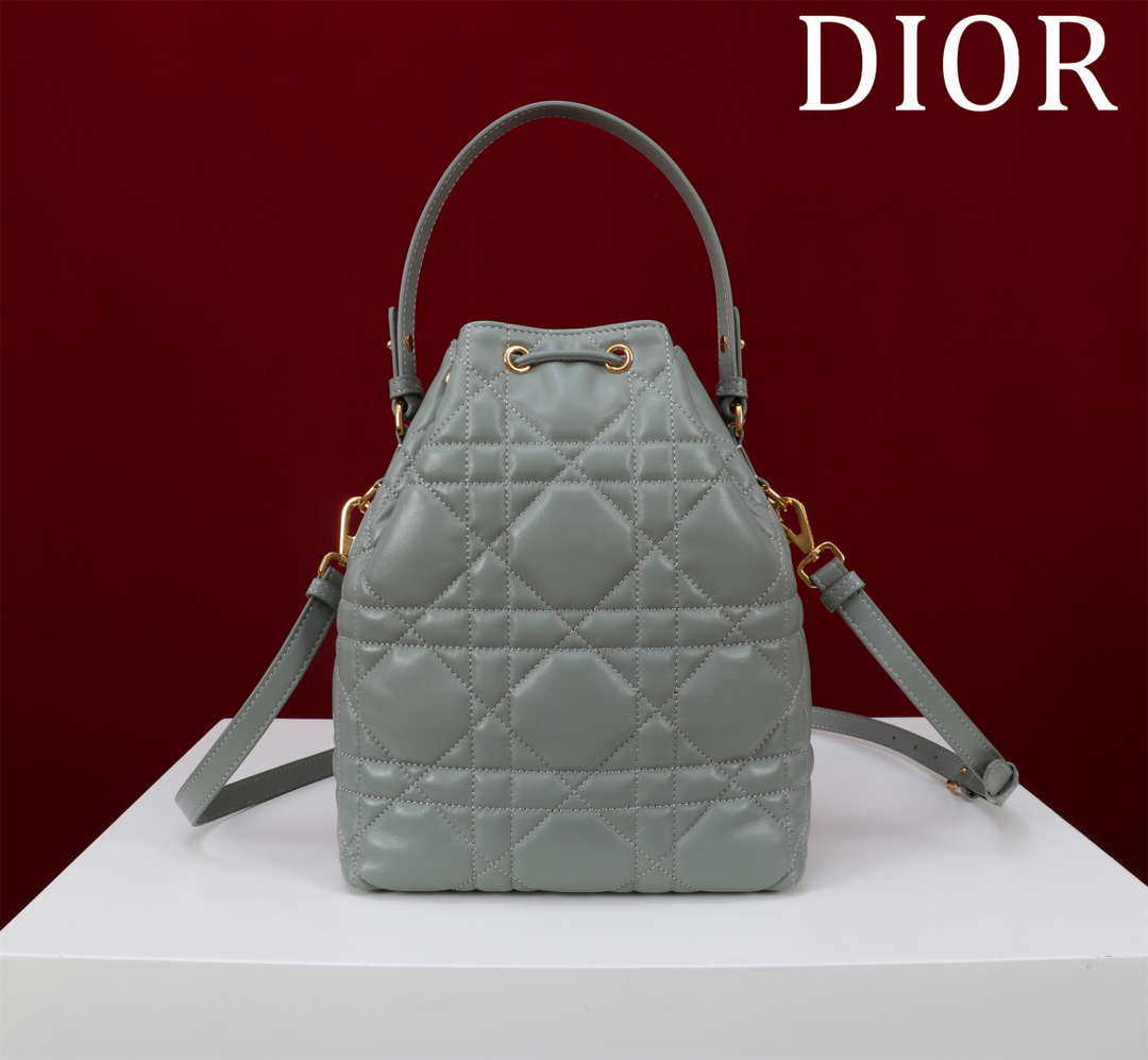 Dior Small Caro Bucket Bag Powder Gray Macrocannage Lambskin M3372