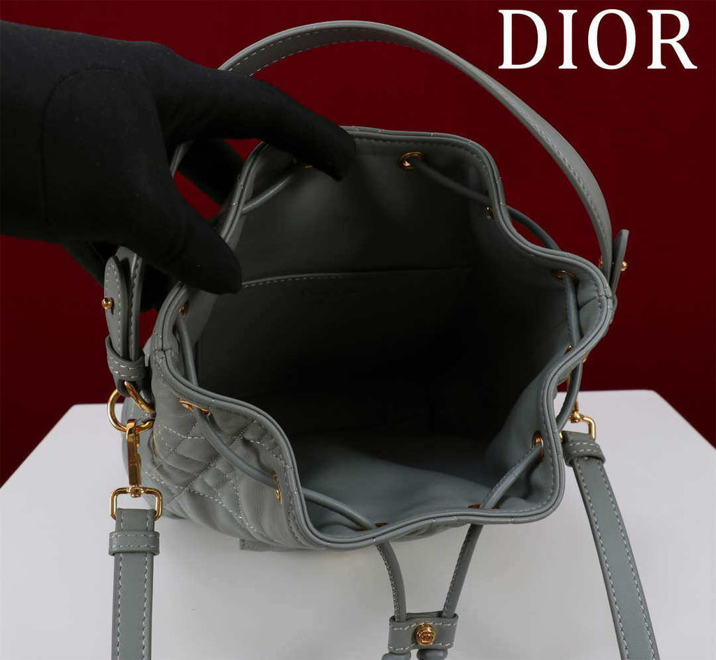 Dior Small Caro Bucket Bag Powder Gray Macrocannage Lambskin M3372