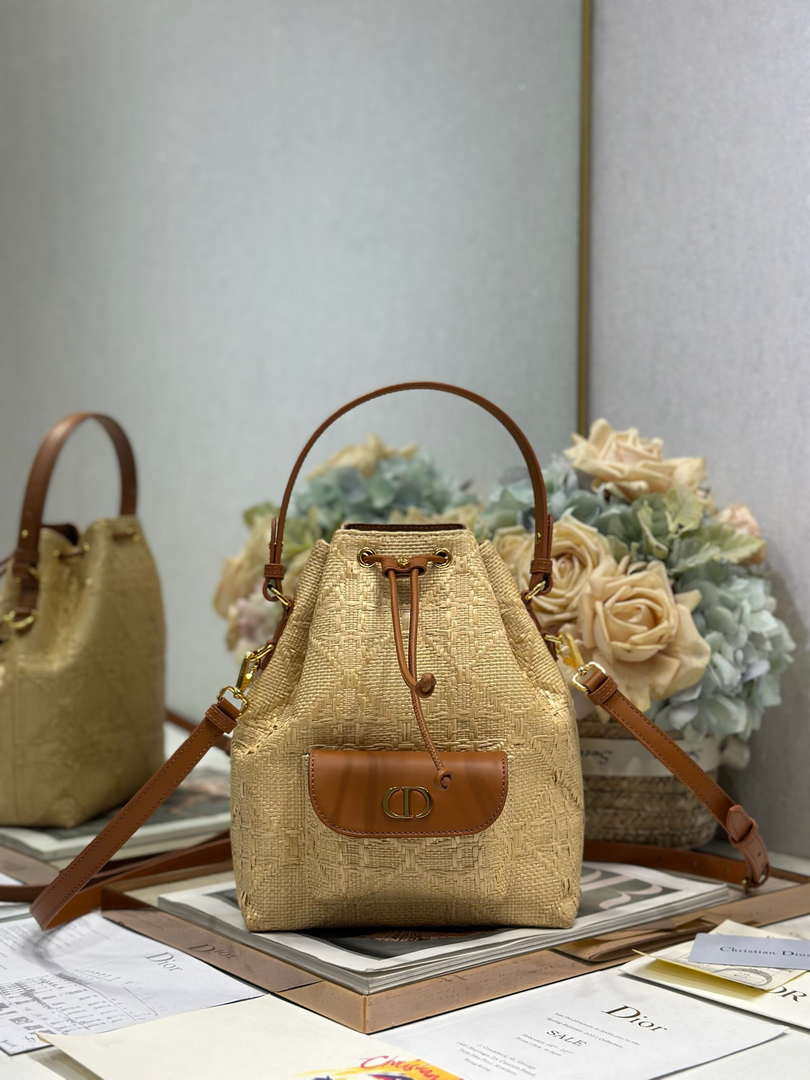 Dior Small Caro Bucket Bag Powder Natural Raffia M3372