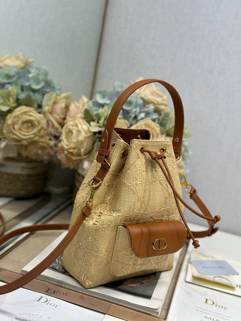Dior Small Caro Bucket Bag Powder Natural Raffia M3372