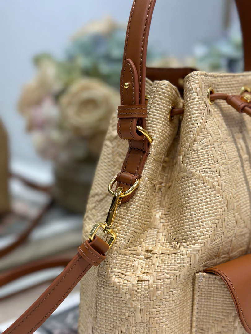 Dior Small Caro Bucket Bag Powder Natural Raffia M3372